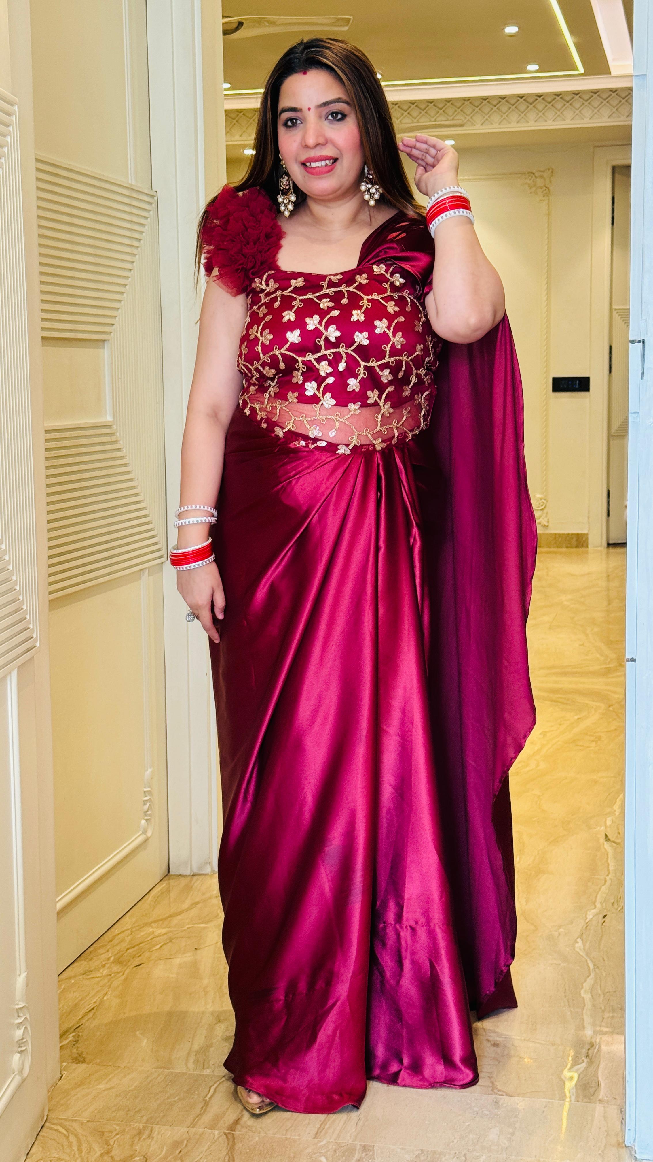 Hot Pink Satin Drape Saree with Statement Sleeves